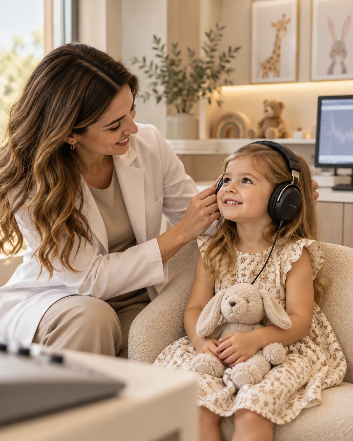 Clinician with a child during hearing care